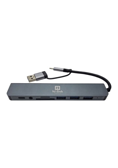 8-in-2 Hub Usb 3.0 &amp Type-c Hibrit Girişli Sd Kart Okuyucu Ses Çıkışlı Adaptör Tüm Cihazlarla Uyumlu