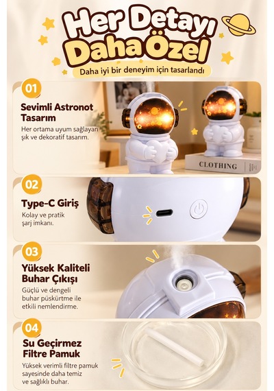 Exenar - Beyaz - Çocuk Odası Nemlendirci Gece Lambası Astronot Tasarımlı Hava Nemlendirici 220 Ml İnce Buhar Teknolojili Dekoratif