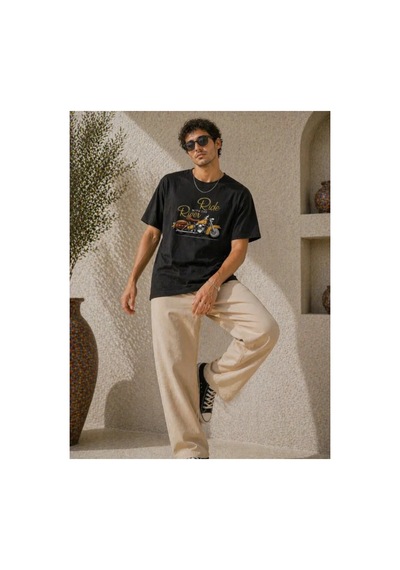 Butik İstanbul Erkek Motosiklet Baskılı Tişört Bisiklet Yaka Kısa Kol Yazlık T-shirt - Siyah