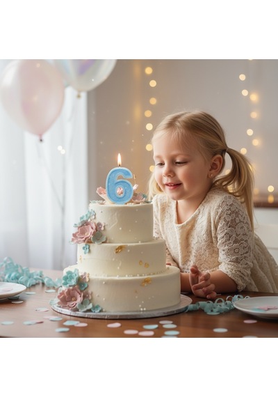 Mavi Simli Doğum Günü Mumu Pasta Mum 6 Yaş