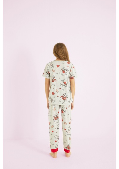 Siyah İnci Kız Çocuk %100 Pamuk Kedi Kalp Baskılı Bisiklet Yaka Pijama Takım25110053 Gri