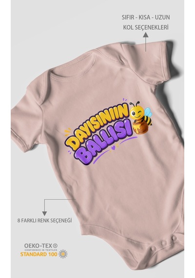 Morivokids Dayısının Ballısı Kısa Kollu Bebek Body %100 Pamuk Pastel Pembe