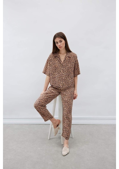 DeFacto Carrot Fit Leopar Desenli Modal Kumaş Pantolon Çift Cepli Yüksek Bel Düz Paça E6360AX25SPBN226