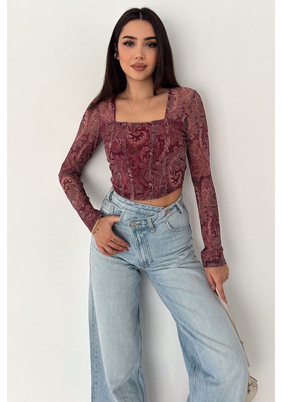 Noa & Noa Kadın Paisley Desenli Kare Yaka Bluz Rust Bloom bordo