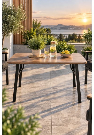 Sulorahome Ahşap Desenli Bahçe Masası Ve Metal Ayaklı Dış Mekan Masası