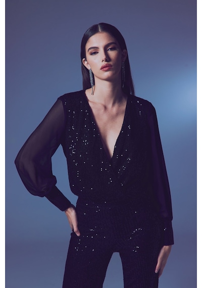 Sateen Şifon Kol Bodysuit Bluz - Siyah-135571 Siyah