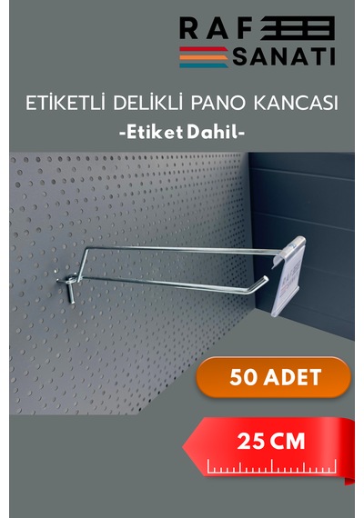 Etiketli Delikli Pano Kancası 25 Cm 50 Adet Tel Askı Kancası Delikli Panel Raf Askısı Fon Kancası Etiketli Metalik