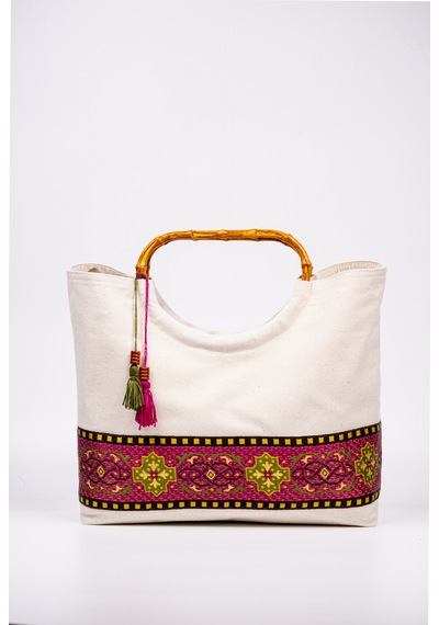 Fabric Craft Bag El Çantası Kanvas Etnik Dokuma Bordürlü Beyaz
