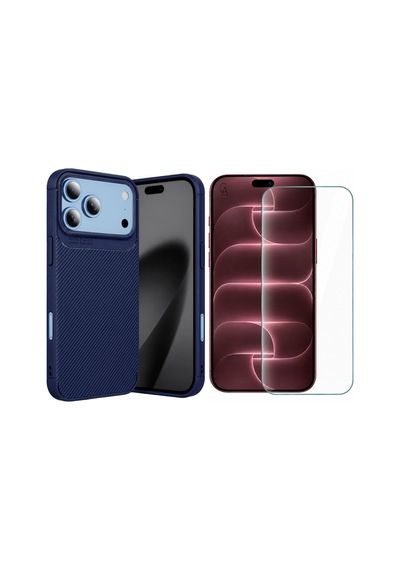 Apple İphone 18 Pro İle Uyumlu Karbon Tasarım Silikon Telefon Kılıfı Ve Temperli Cam Ekran Koruyucu Lacivert