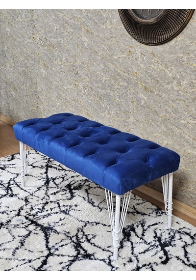 Zafir Beyaz Boyalı Tel Ayaklı 90 Cm Puf Bench - Puf - Bench - Kasalı Oturak - Oturak - Yatak Ucu Puf Mavi