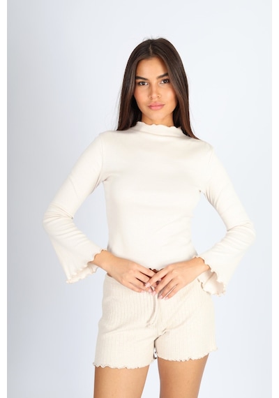 Soft&Basic Bej Balıkçı Yaka Baby Overlok Dikişli Bluz Bej