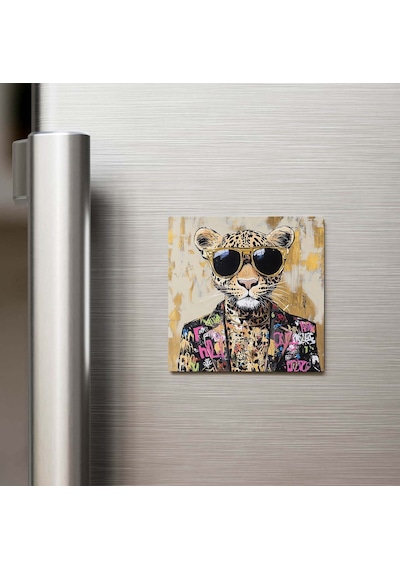 Leopard - Leopar - Güneş Gözlüklü Style - Buzdolap Magneti - 9x9 Cm