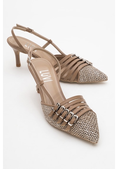 Luvishoes Luvi Shoes Zenith Koyu Bej Hasır Bantlı Tokalı Kadın Topuklu Ayakkabı Koyu Bej