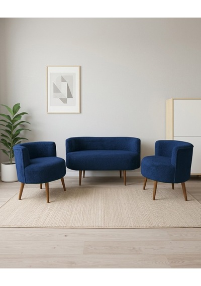 Sydney 2+1+1 Welsoft Tüylü Yumuşak Kumaş Balkon Çay Seti Koltuk Takımı - Ahşap Ayak - Mavi