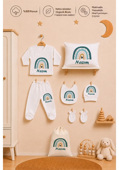 Pia Baby Erkek Bebek Hastane Çıkışı Hediye Seti 8 Parça Zıbın Set %100 Pamuk Battaniye Yastık Ve Kese 1092zybkyx Ekru