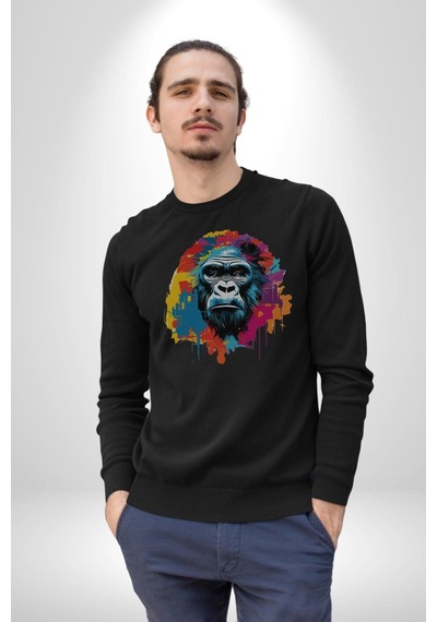 Renkli Maymun Goril Unisex Siyah Baskılı Sweatshirt Siyah