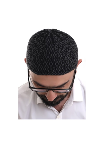 Koyu Gri Orlon Kışlık Namaz Takkesi Baklava Desenli Takke