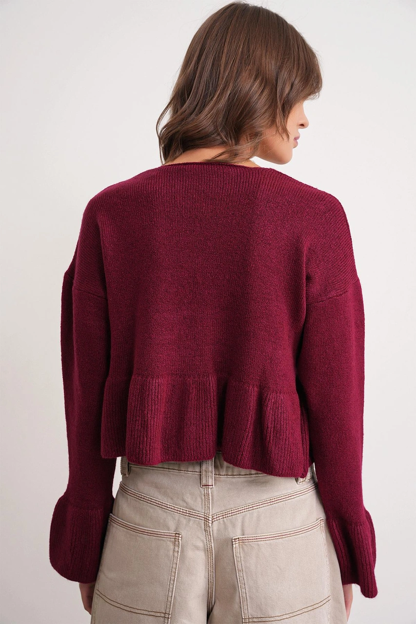 Mixray 6955 Kadın Fırfırlı Triko Kazak Bordo Bordo