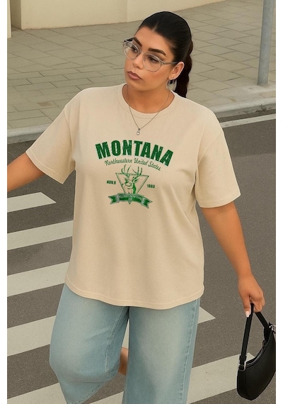Büyük Beden Montana Baskılı Unisex Tişört Bej