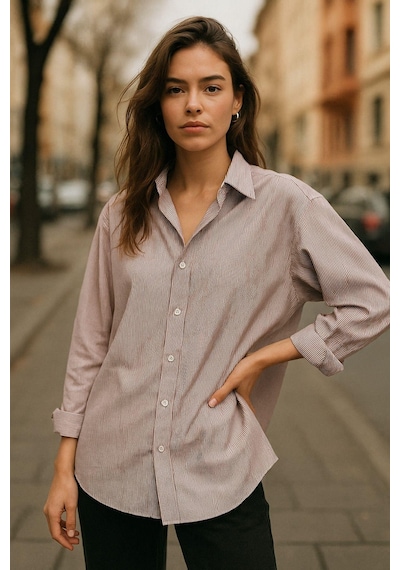 Rich Kadın Bordo Çizgili Beyaz Oversize Gömlek Over Fit Relaxed Gömlek Çok Renkli