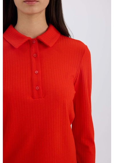 DeFacto Slim Fit Dar Kesim Polo Yaka Fitilli Kaşkorse Uzun Kollu Tişört D8720AX24AURD272 Kırmızı