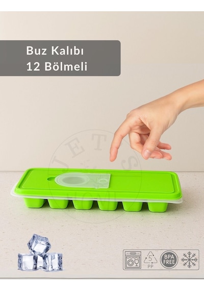 2'li Set Buz Kalıbı 12 Bölmeli Esnek Silikon Buz Küpü Bpa Free Kare Bas Parmak Buzluk 3x3 Cm Yeşil Yeşil