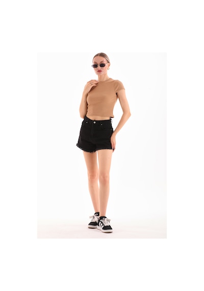 Loısy Kadın Likralı Kısa Kol Crop Bluz CAMEL
