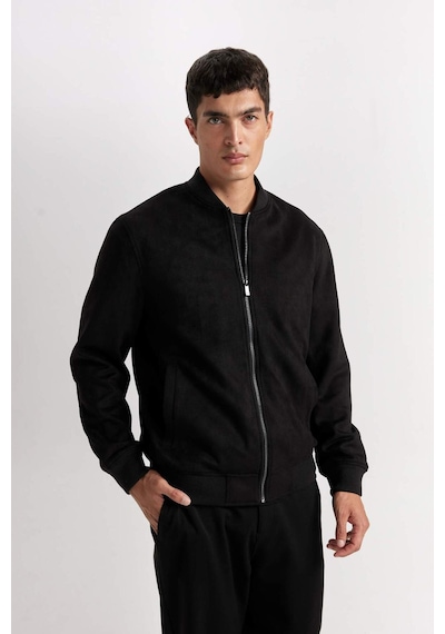 Defacto Slim Fit Dar Kesim Süet Kolej Yaka Fermuarlı Çift Cepli Mevsimlik Baharlık Bomber Mont Ceket A3866AX Siyah
