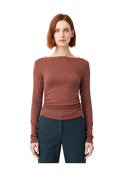 Ersefa Stil Kadın Fitted Vücuda Oturan Büzgü Drape Detaylı Esnek Bluz Cr Kahverengi