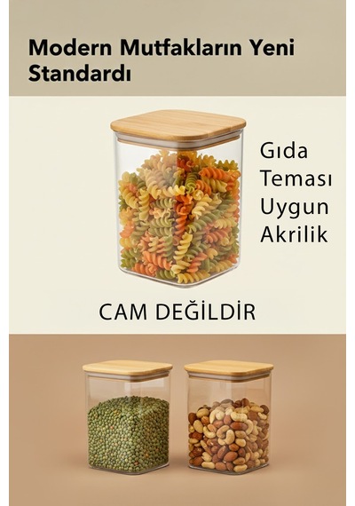 Bambu Kapaklı Dikdörtgen 6 Lı 1500 Ml Hava Geçirmez Gıda Saklama Kabı Seti Şeffaf