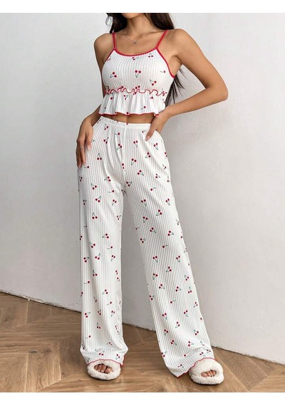 Gazaniga Kadın Beyaz Likralı Desenli Askılı Gecelik Pijama Takımı Chery