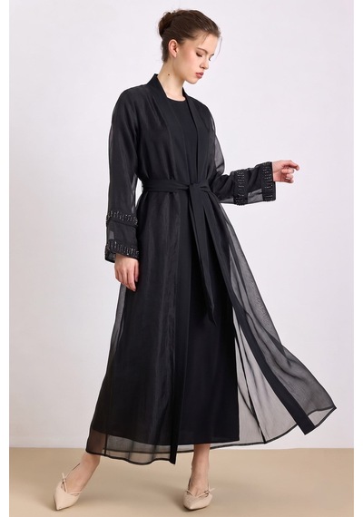 Olcay Kolları Taş Detaylı Organze Abaya Takım Siyah 9449-tk