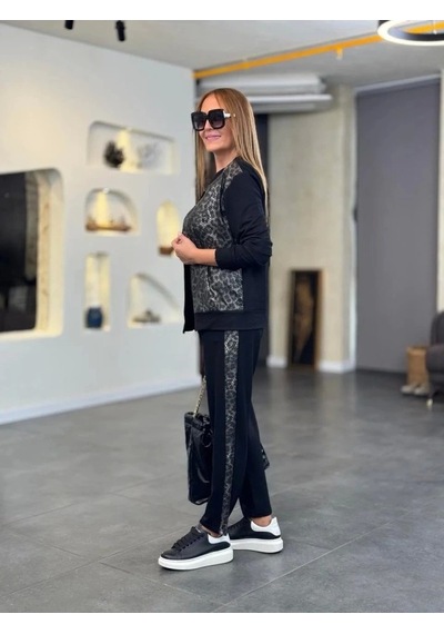 Defymoda Kadın İki İplik Kumaş Yılan Desenli Fermuarlı İkili Takım Siyah