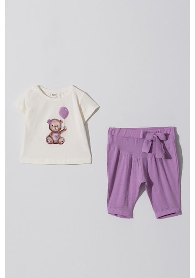 Kıpırık Baby 2'li Kız Bebek Takım Tisört Balon Detaylı Müslin Pantolon-1276 Lila