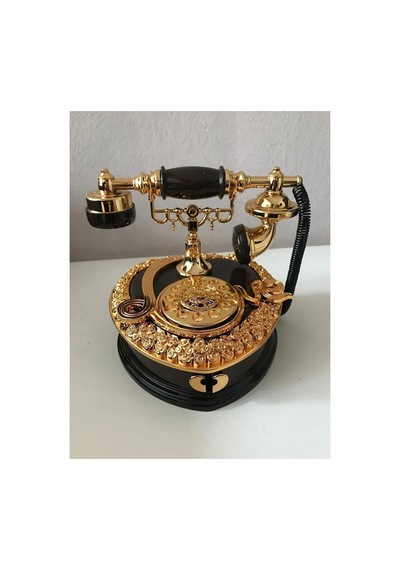 Müzikli Nostaljik Telefon - 2 Bölmeli Takı Kutusu Mücevher Kutusu Siyah