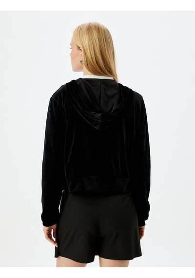 Koton Cepli Kapüşonlu Fermuarlı Kadife Sweatshirt Siyah 5wak10041ek Siyah