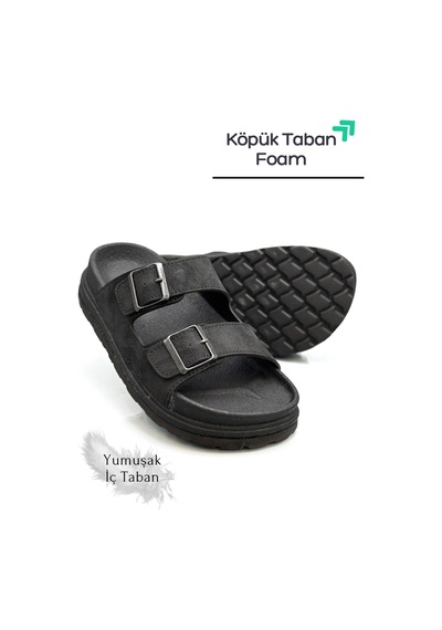 Sermoda Çift Toka Ayarlanabilir Genişlik Köpük Taban Rahat Deri Erkek Terlik Siyah