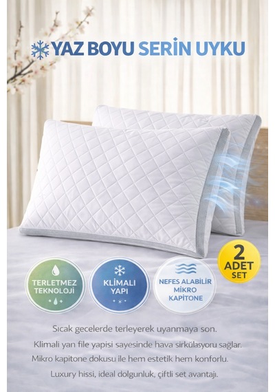 Luxury Kapitone Yastık 2 Li Klimalı Tasarım Terletmez Özellik Beyaz