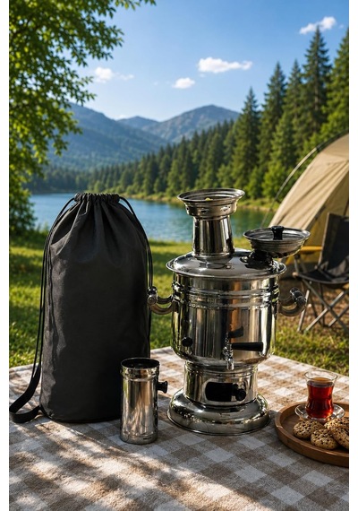 Paslanmaz Çelik Krom Semaver 4.5 Litre - Çantalı - Kömür & Odun Semaveri Çok Renkli