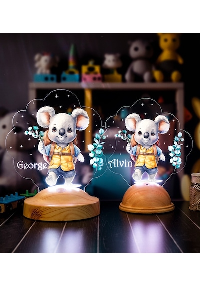 Sevimli Koala Tasarımlı İsimli Çocuk Odası Gece Lambası, Koala Bebek Doğum Günü Hediyesi Led Lamba