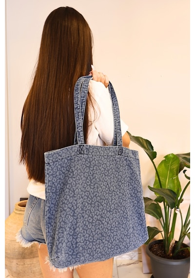 İcone Bag Desenli Yıkamalı Denim Kadın Çantası, Geniş Hacimli, Desenli El Ve Omuz Bez Çanta Shopper Kot Lacivert