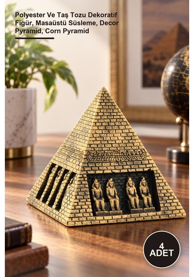 4 Adet Mısır Piramidi Polyester Ve Taş Tozu Dekoratif Figür, Masaüstü Süsleme, Decor Pyramid, Corn Pyramid
