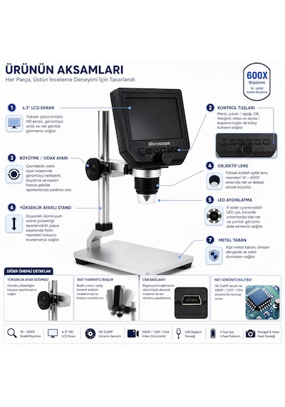 600x Dijital 4.3 İnç Lcd Ekranlı Hd Usb Mikroskop Elektronik, Takı Ve Eğitim İçin