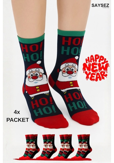 Saysez Unisex Yılbaşı Desenli 4'lü Paket Renkli Soket Çorap Christmas Happy New Year Renkli7