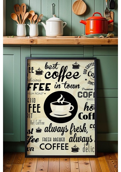 Retro Coffee Tasarım Çerçeveli Tablo - Mutfak Ve Kafe İçin Sanatsal Kahve Duvar Dekoru Siyah