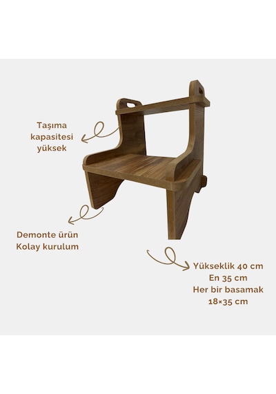 Basamaklı Ahşap Tabure Banyo Wc Mutfak Merdiveni Yükseltici Montessori Eğitim Uygun