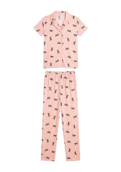 Cottonhill Pudra Çizgi Desenli Yumuşak Dokulu Gömlek Yaka Kadın Pijama Takımı