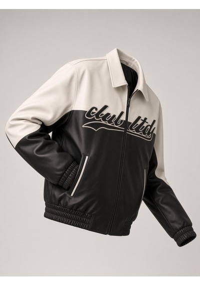 Oksit Club Ltd Nakış Detaylı Vintage Colorblock Gömlek Yaka Deri Bomber Ceket Siyah