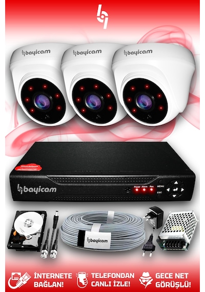 Bayicam 3 Kameralı Dome 3 İç Kamera Set 1 TB HDD Full HD Gece Görüşlü Güvenlik Kamerası Sistemi