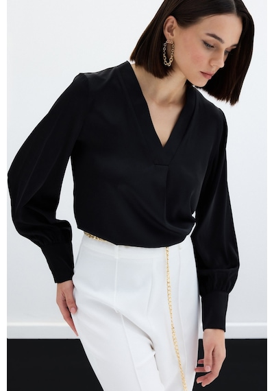 Sateen V Yaka Saten Bluz - Siyah-130162 Siyah